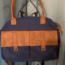 Load image into Gallery viewer, Brown leather and blue Jean bag.      948