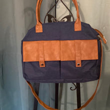 Load image into Gallery viewer, Brown leather and blue Jean bag.      948